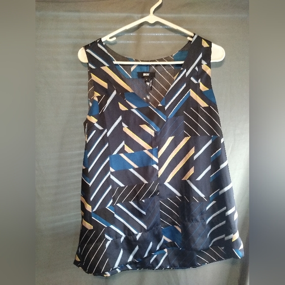 DKNY Blue and Black Geometric Sleeveless Tank Top - Picture 1 of 3